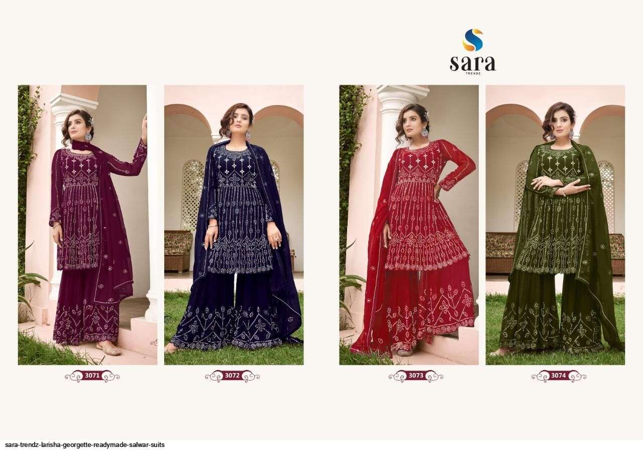 LARISHA BY SARA TRENDZ 3071 TO 3074 SERIES BEAUTIFUL SHARARA SUITS COLORFUL STYLISH FANCY CASUAL WEAR & ETHNIC WEAR GEORGETTE EMBROIDERED DRESSES AT WHOLESALE PRICE