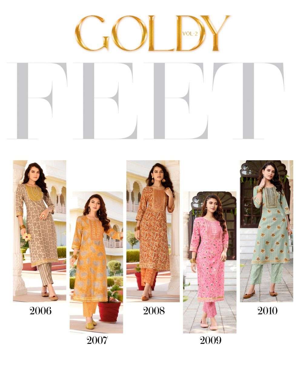 GOLDY VOL-2 BY DIYA TRENDS 2001 TO 2010 SERIES BEAUTIFUL STYLISH FANCY COLORFUL CASUAL WEAR & ETHNIC WEAR CHANDERI PRINT KURTIS WITH BOTTOM AT WHOLESALE PRICE
