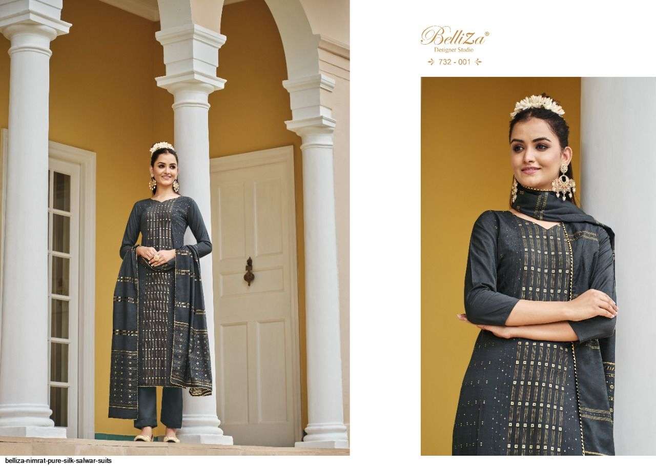 Nimrat By Belliza 732-001 To 732-006 Series Beautiful Stylish Festive Suits Fancy Colorful Casual Wear & Ethnic Wear & Ready To Wear Pure Silk Jacquard Digital Print Dresses At Wholesale Price