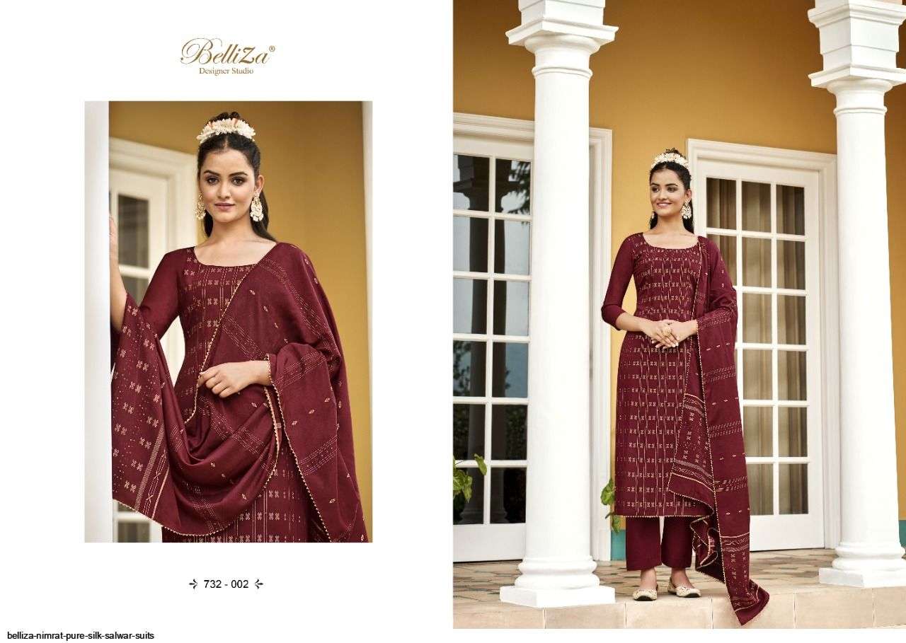 Nimrat By Belliza 732-001 To 732-006 Series Beautiful Stylish Festive Suits Fancy Colorful Casual Wear & Ethnic Wear & Ready To Wear Pure Silk Jacquard Digital Print Dresses At Wholesale Price