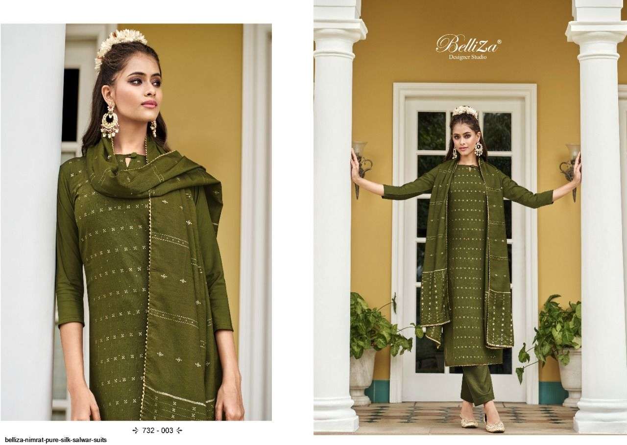 Nimrat By Belliza 732-001 To 732-006 Series Beautiful Stylish Festive Suits Fancy Colorful Casual Wear & Ethnic Wear & Ready To Wear Pure Silk Jacquard Digital Print Dresses At Wholesale Price