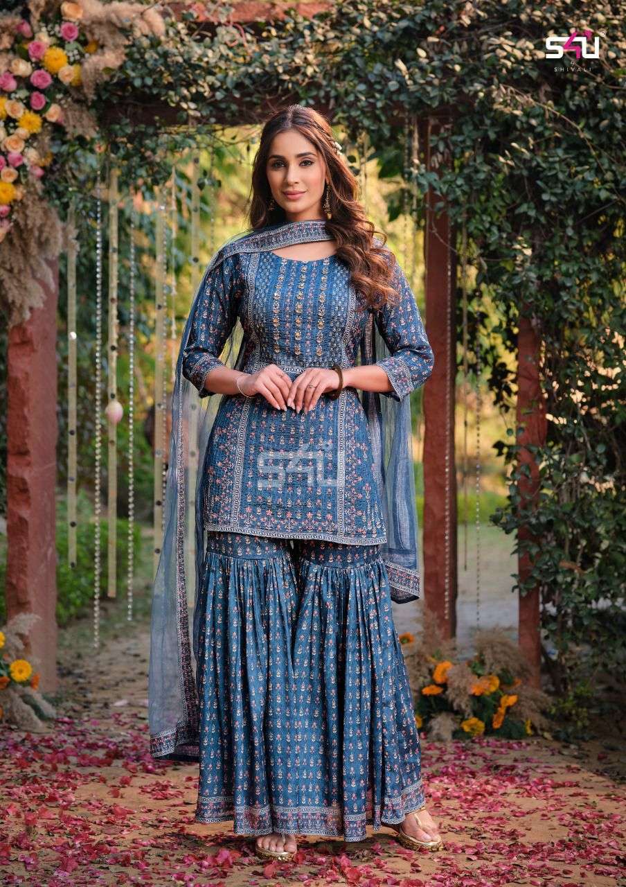 AFREEN BY S4U FASHION 01 TO 06 SERIES DESIGNER SHARARA SUITS COLLECTION BEAUTIFUL STYLISH COLORFUL FANCY PARTY WEAR & OCCASIONAL WEAR CHINNON DRESSES AT WHOLESALE PRICE