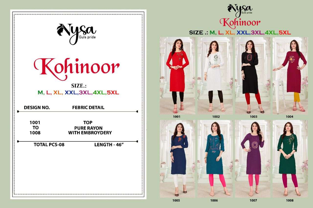 KOHINOOR BY NYSA 1001 TO 1008 SERIES BEAUTIFUL STYLISH FANCY COLORFUL CASUAL WEAR & ETHNIC WEAR RAYON KURTIS AT WHOLESALE PRICE