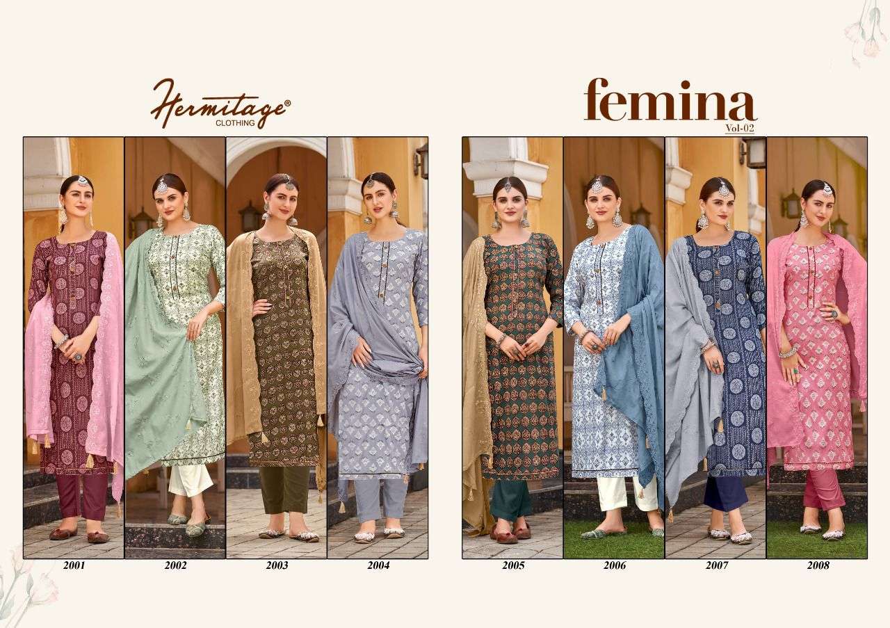 FEMINA VOL-2 BY HERMITAGE 2001 TO 2008 SERIES BEAUTIFUL SUITS COLORFUL STYLISH FANCY CASUAL WEAR & ETHNIC WEAR PURE COTTON SATIN DRESSES AT WHOLESALE PRICE