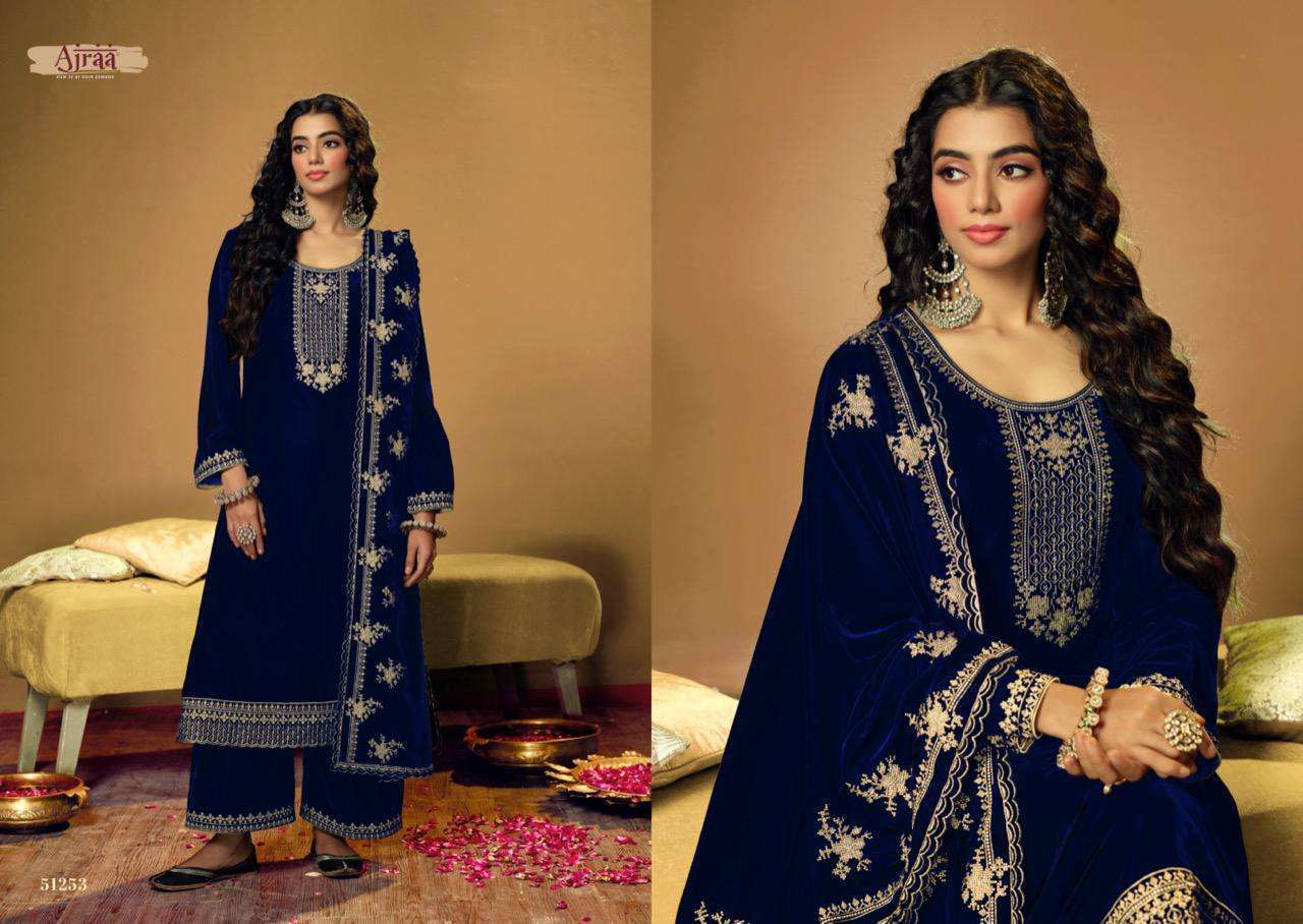 ZOHRA BY AJRAA 51251 TO 51255 SERIES INDIAN SUITS BEAUTIFUL FANCY COLORFUL STYLISH PARTY WEAR & OCCASIONAL WEAR VELVET EMBROIDERY DRESSES AT WHOLESALE PRICE