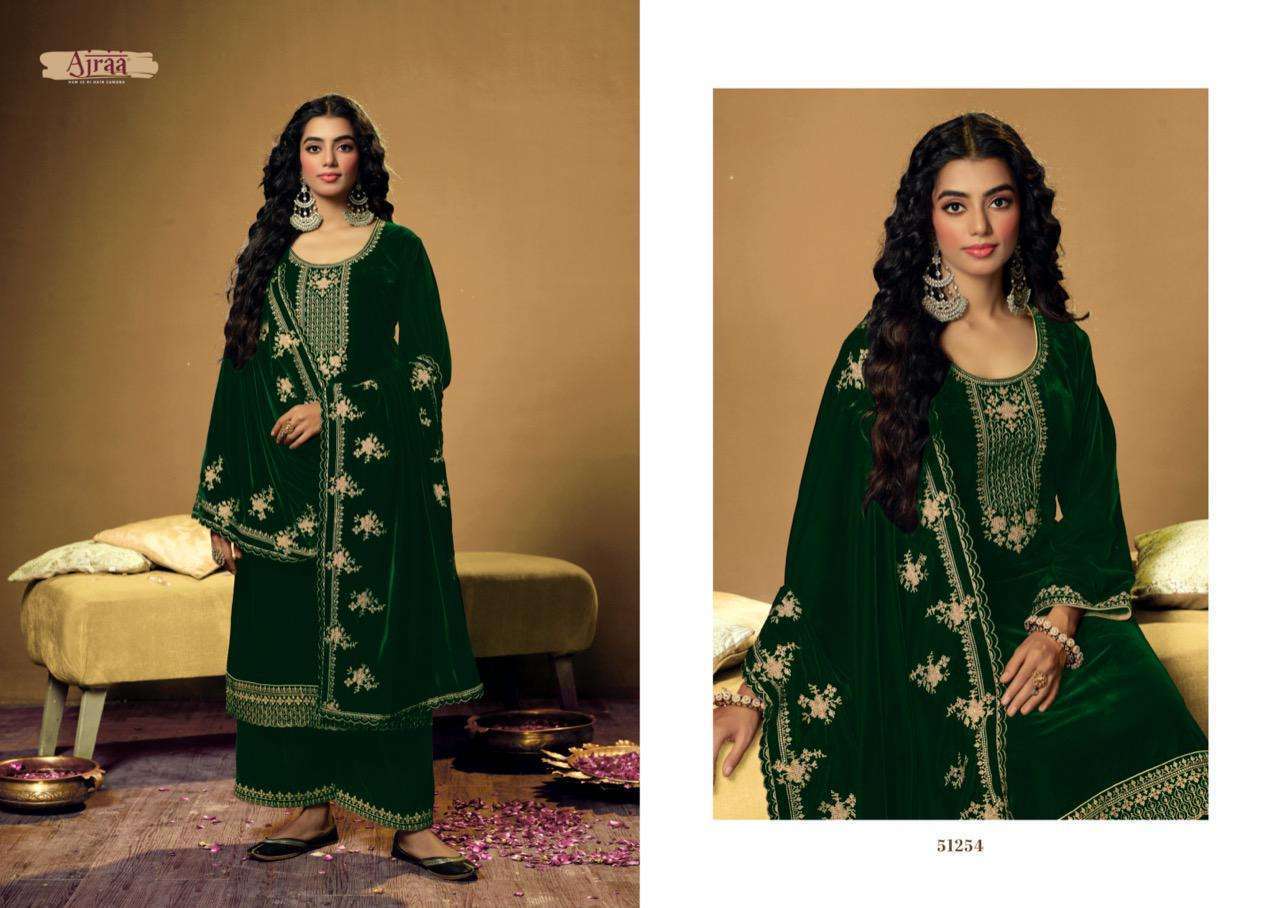 ZOHRA BY AJRAA 51251 TO 51255 SERIES INDIAN SUITS BEAUTIFUL FANCY COLORFUL STYLISH PARTY WEAR & OCCASIONAL WEAR VELVET EMBROIDERY DRESSES AT WHOLESALE PRICE