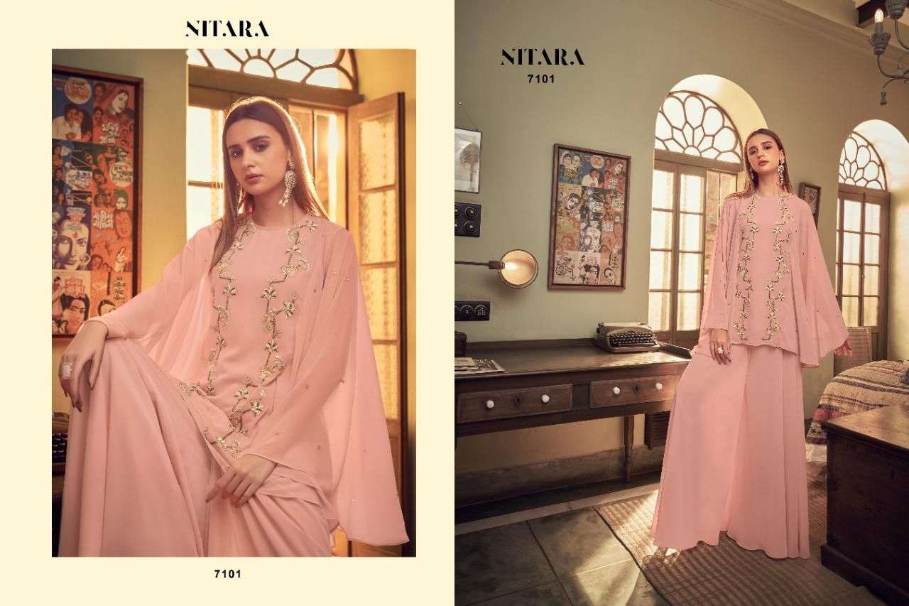 GHAZAL VOL-3 BY NITARA 7101 TO 7104 SERIES BEAUTIFUL STYLISH FANCY COLORFUL CASUAL WEAR & ETHNIC WEAR GEORGETTE KURTIS WITH BOTTOM AT WHOLESALE PRICE