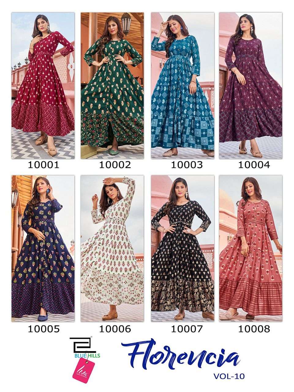 FLORENCIA VOL-10 BY BLUE HILLS 10001 TO 10008 SERIES BEAUTIFUL STYLISH FANCY COLORFUL CASUAL WEAR & ETHNIC WEAR COTTON PRINT GOWNS AT WHOLESALE PRICE
