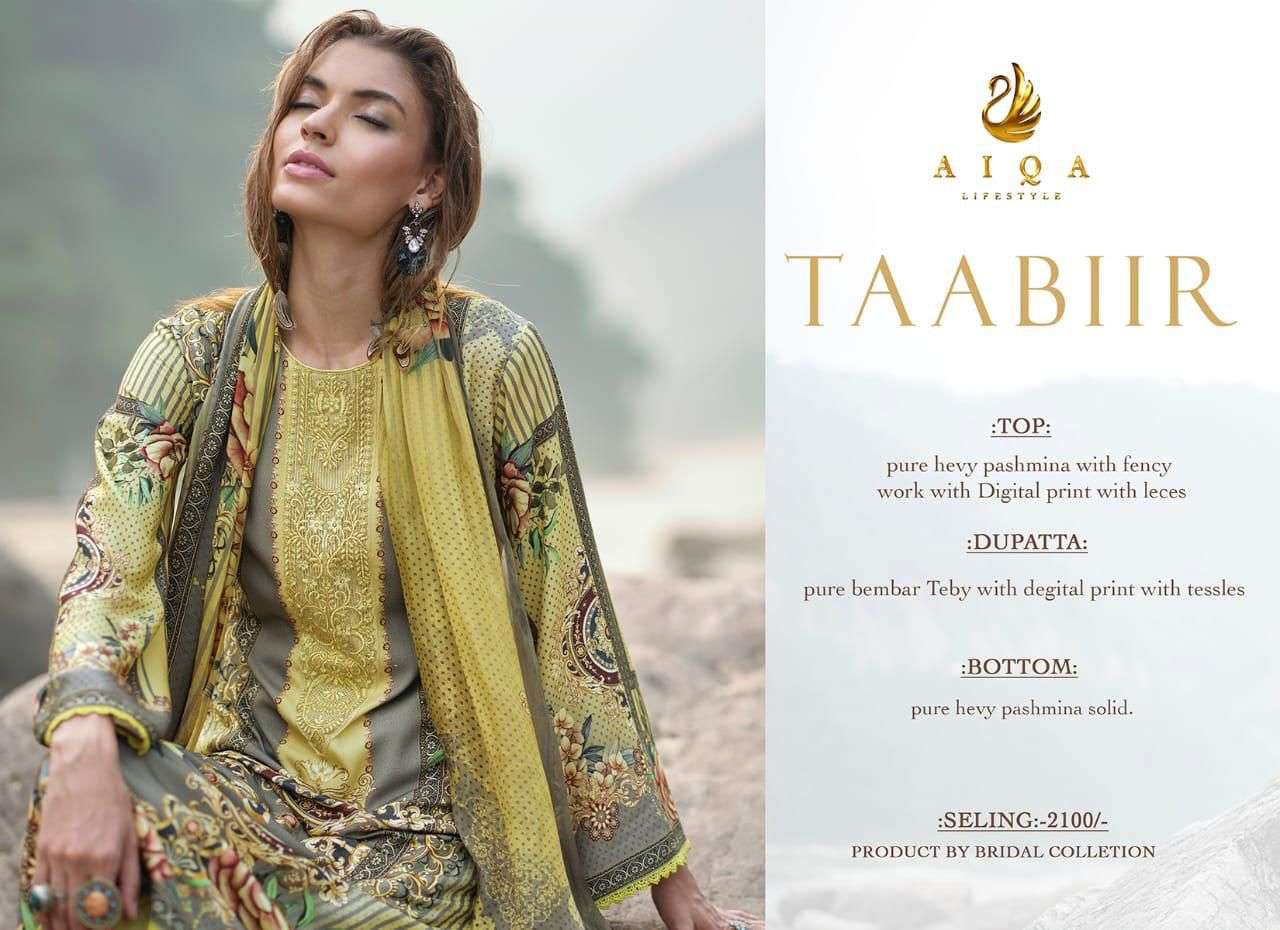 TAABIR BY AIQA 319 TO 326 SERIES BEAUTIFUL SUMMER COLLECTION PAKISATNI SUITS STYLISH FANCY COLORFUL CASUAL WEAR & ETHNIC WEAR PURE PASHMINA DIGITAL PRINT DRESSES AT WHOLESALE PRICE