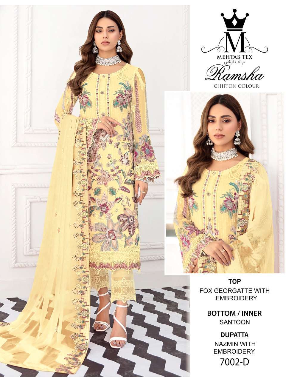 RAMSHA CHIFFON COLOUR BY MEHTAB TEX 7002-A TO 7002-D SERIES BEAUTIFUL PAKISTANI SUITS COLORFUL STYLISH FANCY CASUAL WEAR & ETHNIC WEAR FAUX GEORGETTE EMBROIDERED DRESSES AT WHOLESALE PRICE