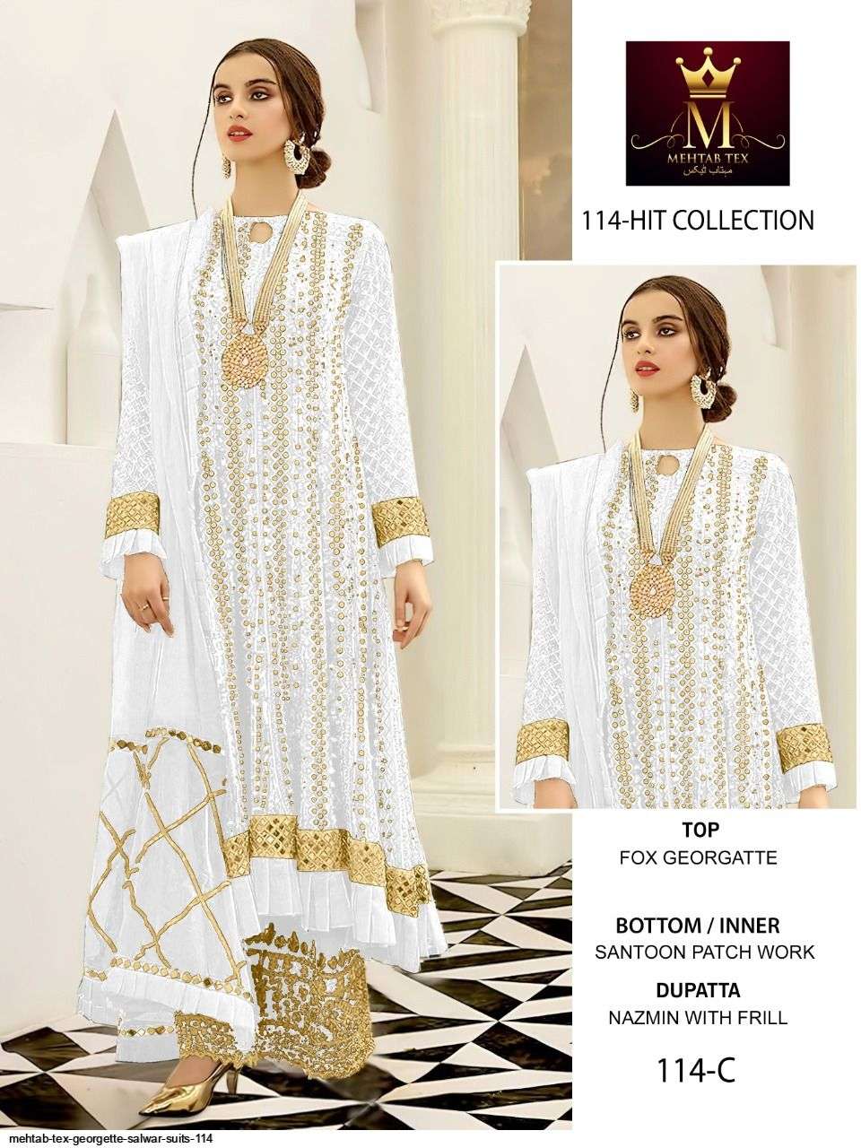MEHTAB 114 COLOURS BY MEHTAB TEX 114-A TO 114-D SERIES BEAUTIFUL PAKISTANI SUITS COLORFUL STYLISH FANCY CASUAL WEAR & ETHNIC WEAR FAUX GEORGETTE EMBROIDERED DRESSES AT WHOLESALE PRICE