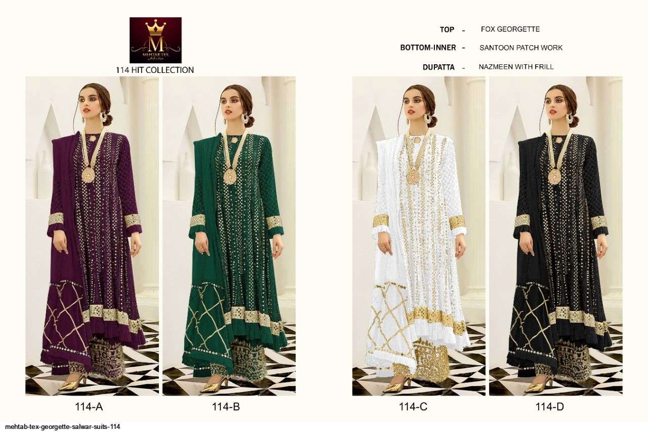 MEHTAB 114 COLOURS BY MEHTAB TEX 114-A TO 114-D SERIES BEAUTIFUL PAKISTANI SUITS COLORFUL STYLISH FANCY CASUAL WEAR & ETHNIC WEAR FAUX GEORGETTE EMBROIDERED DRESSES AT WHOLESALE PRICE