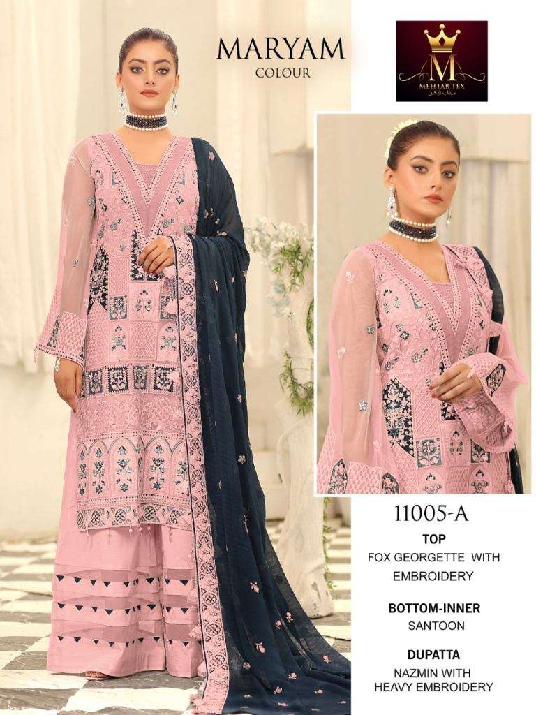 MARYAM COLOUR BY MEHTAB TEX 11005-A TO 11005-D SERIES BEAUTIFUL PAKISTANI SUITS COLORFUL STYLISH FANCY CASUAL WEAR & ETHNIC WEAR FAUX GEORGETTE EMBROIDERED DRESSES AT WHOLESALE PRICE
