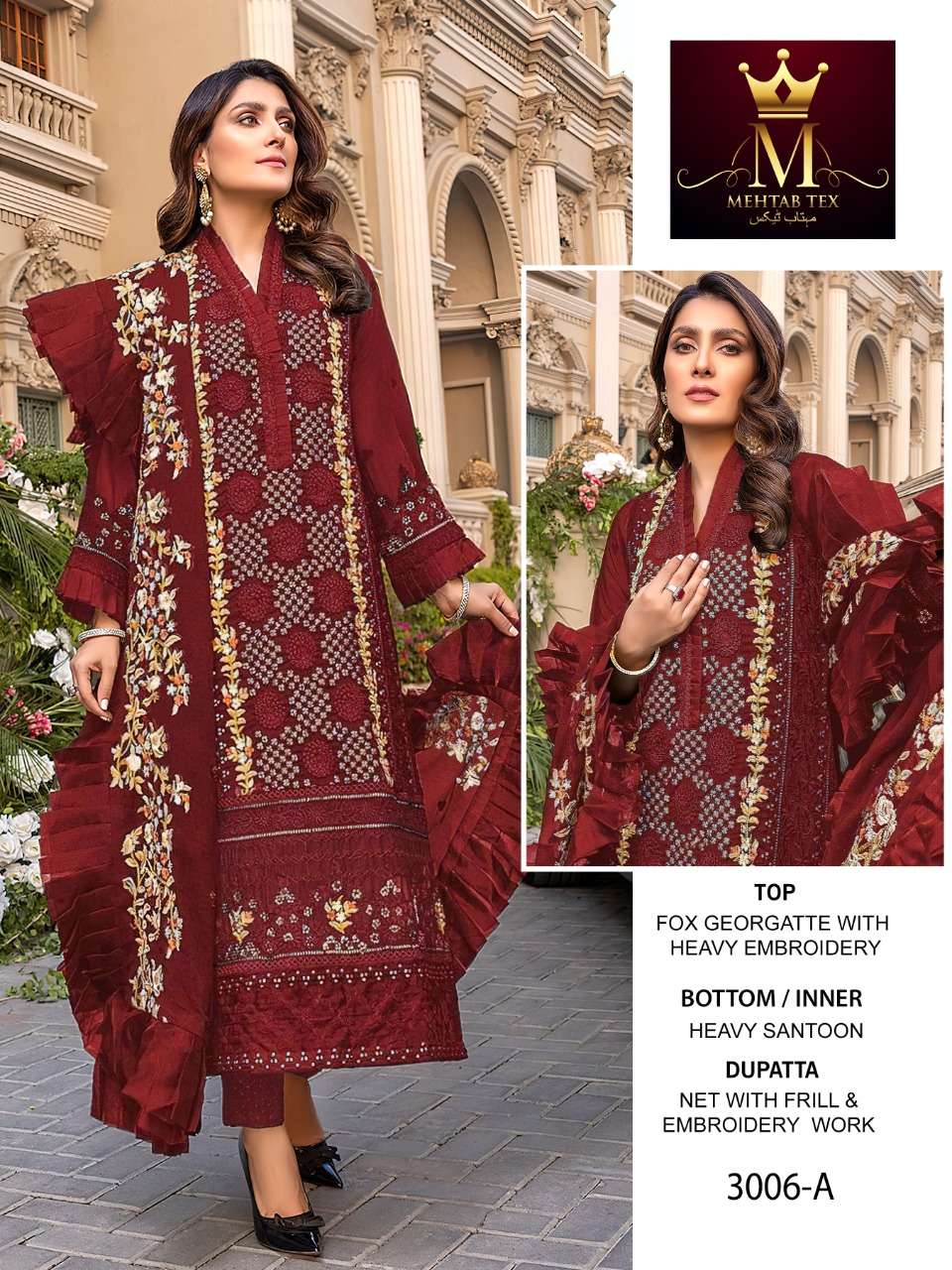 AZURE COLOUR BY MEHTAB TEX 3006-A TO 3006-E SERIES PAKISTANI SUITS BEAUTIFUL FANCY COLORFUL STYLISH PARTY WEAR & OCCASIONAL WEAR FAUX GEORGETTE WITH EMBROIDERY DRESSES AT WHOLESALE PRICE