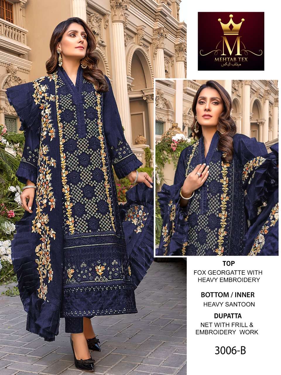 AZURE COLOUR BY MEHTAB TEX 3006-A TO 3006-E SERIES PAKISTANI SUITS BEAUTIFUL FANCY COLORFUL STYLISH PARTY WEAR & OCCASIONAL WEAR FAUX GEORGETTE WITH EMBROIDERY DRESSES AT WHOLESALE PRICE