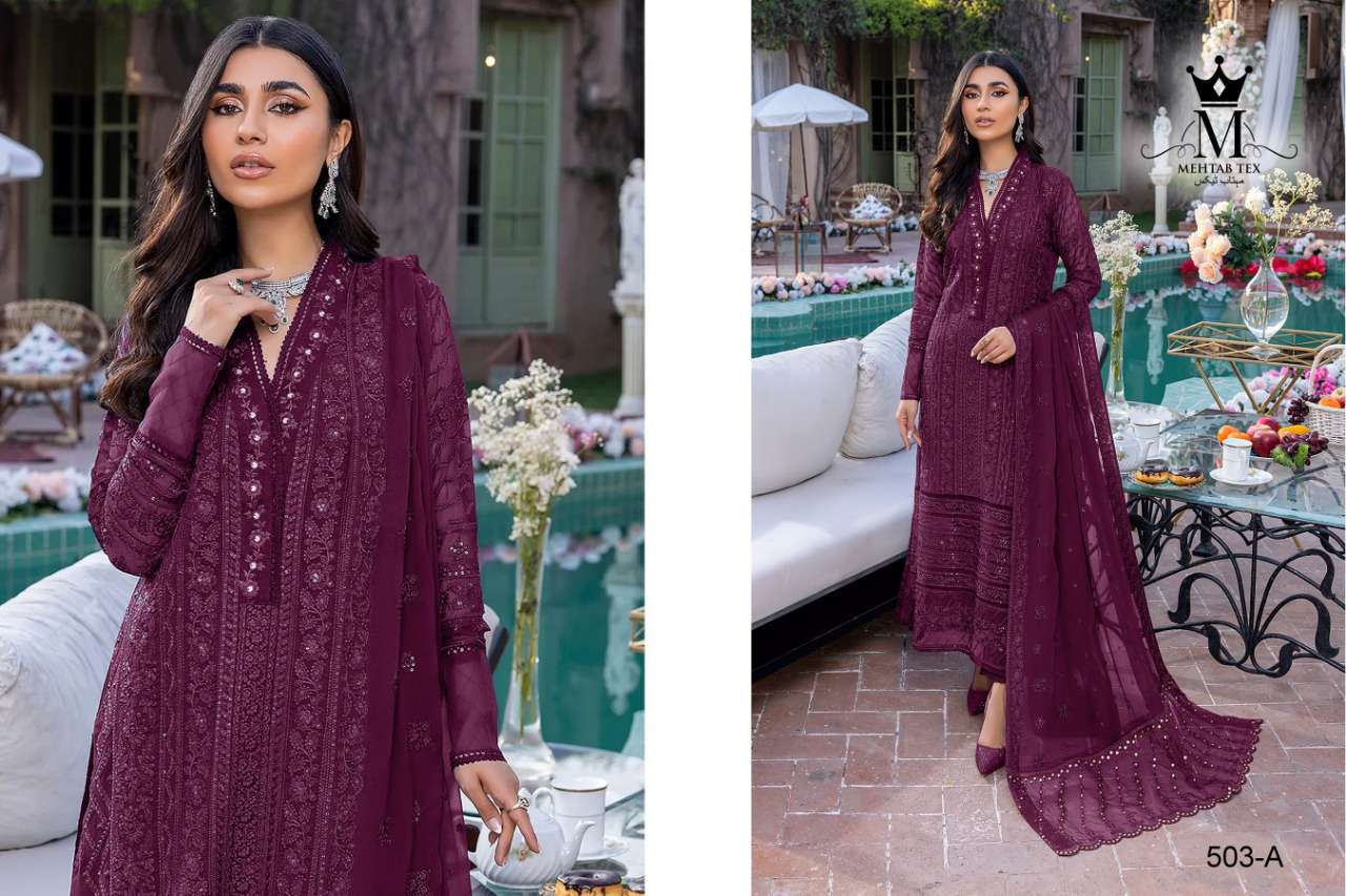 MEHTAB 503 COLOURS BY MEHTAB TEX 503-A TO 503-D SERIES BEAUTIFUL PAKISTANI SUITS COLORFUL STYLISH FANCY CASUAL WEAR & ETHNIC WEAR FAUX GEORGETTE DRESSES AT WHOLESALE PRICE