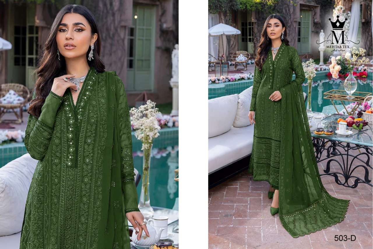 MEHTAB 503 COLOURS BY MEHTAB TEX 503-A TO 503-D SERIES BEAUTIFUL PAKISTANI SUITS COLORFUL STYLISH FANCY CASUAL WEAR & ETHNIC WEAR FAUX GEORGETTE DRESSES AT WHOLESALE PRICE