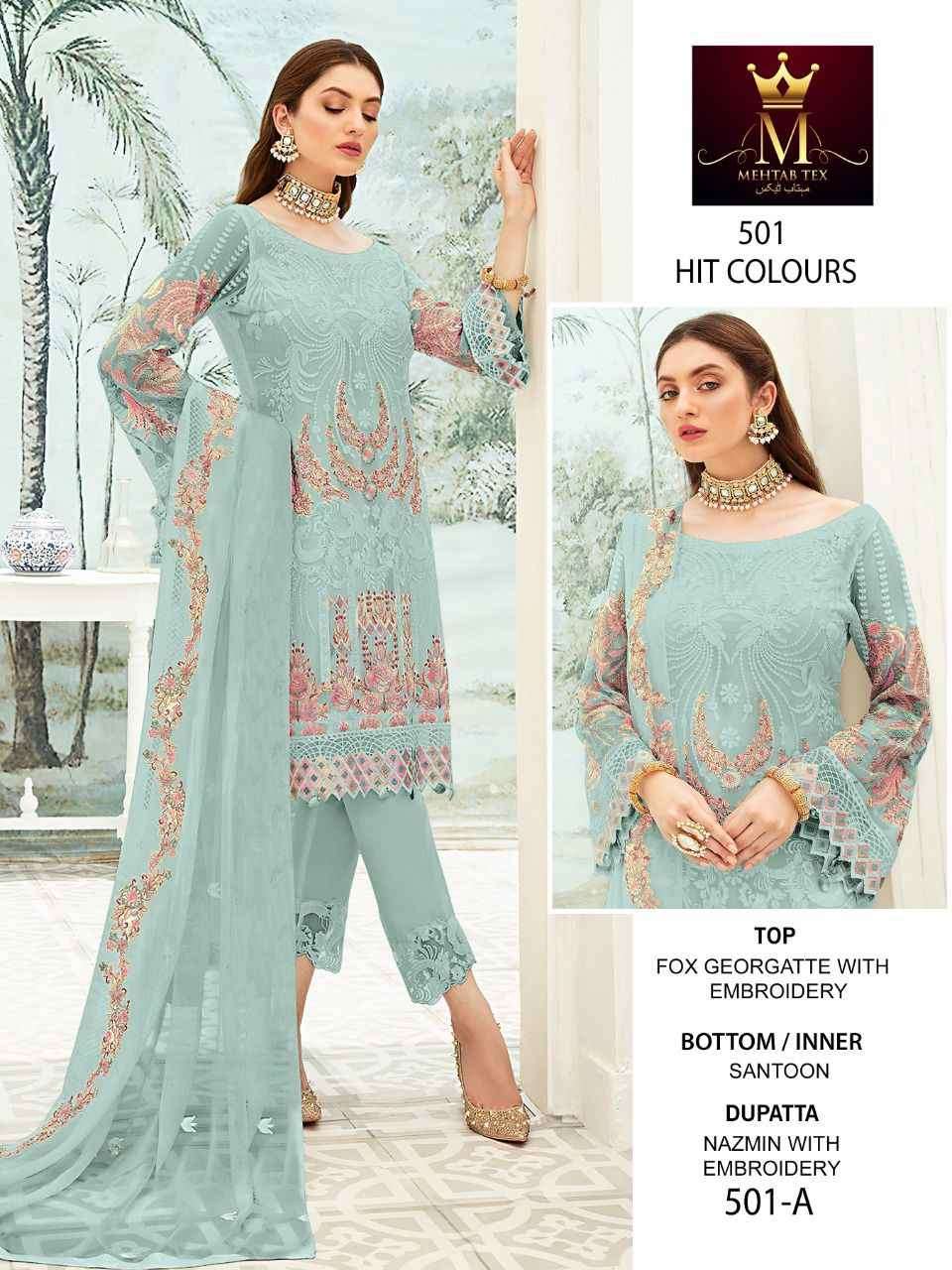 MEHTAB 501 COLOURS BY MEHTAB TEX 501-A TO 501-E SERIES BEAUTIFUL PAKISTANI SUITS COLORFUL STYLISH FANCY CASUAL WEAR & ETHNIC WEAR FAUX GEORGETTE DRESSES AT WHOLESALE PRICE