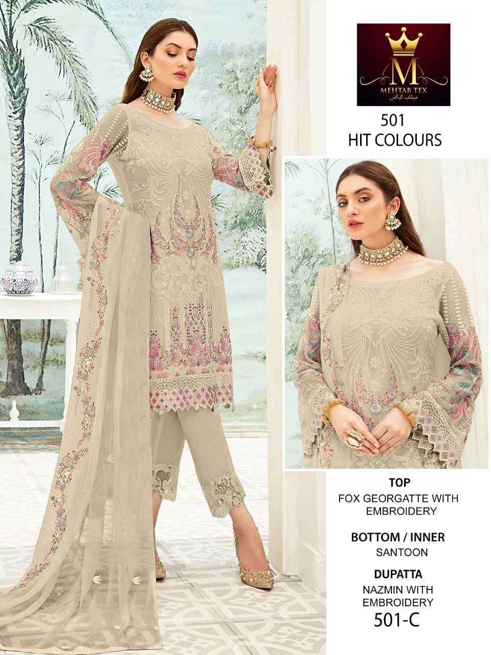 MEHTAB 501 COLOURS BY MEHTAB TEX 501-A TO 501-E SERIES BEAUTIFUL PAKISTANI SUITS COLORFUL STYLISH FANCY CASUAL WEAR & ETHNIC WEAR FAUX GEORGETTE DRESSES AT WHOLESALE PRICE