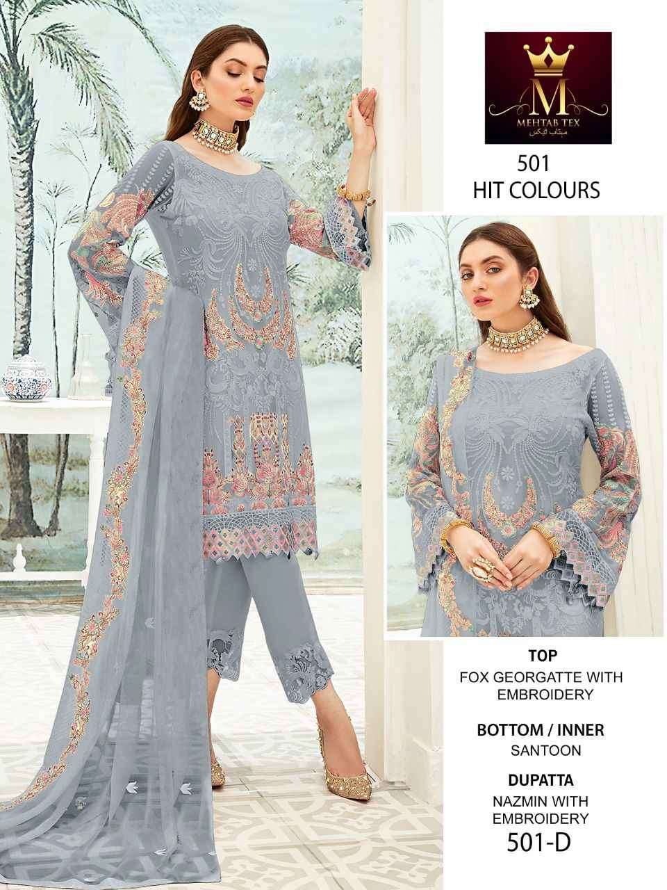 MEHTAB 501 COLOURS BY MEHTAB TEX 501-A TO 501-E SERIES BEAUTIFUL PAKISTANI SUITS COLORFUL STYLISH FANCY CASUAL WEAR & ETHNIC WEAR FAUX GEORGETTE DRESSES AT WHOLESALE PRICE