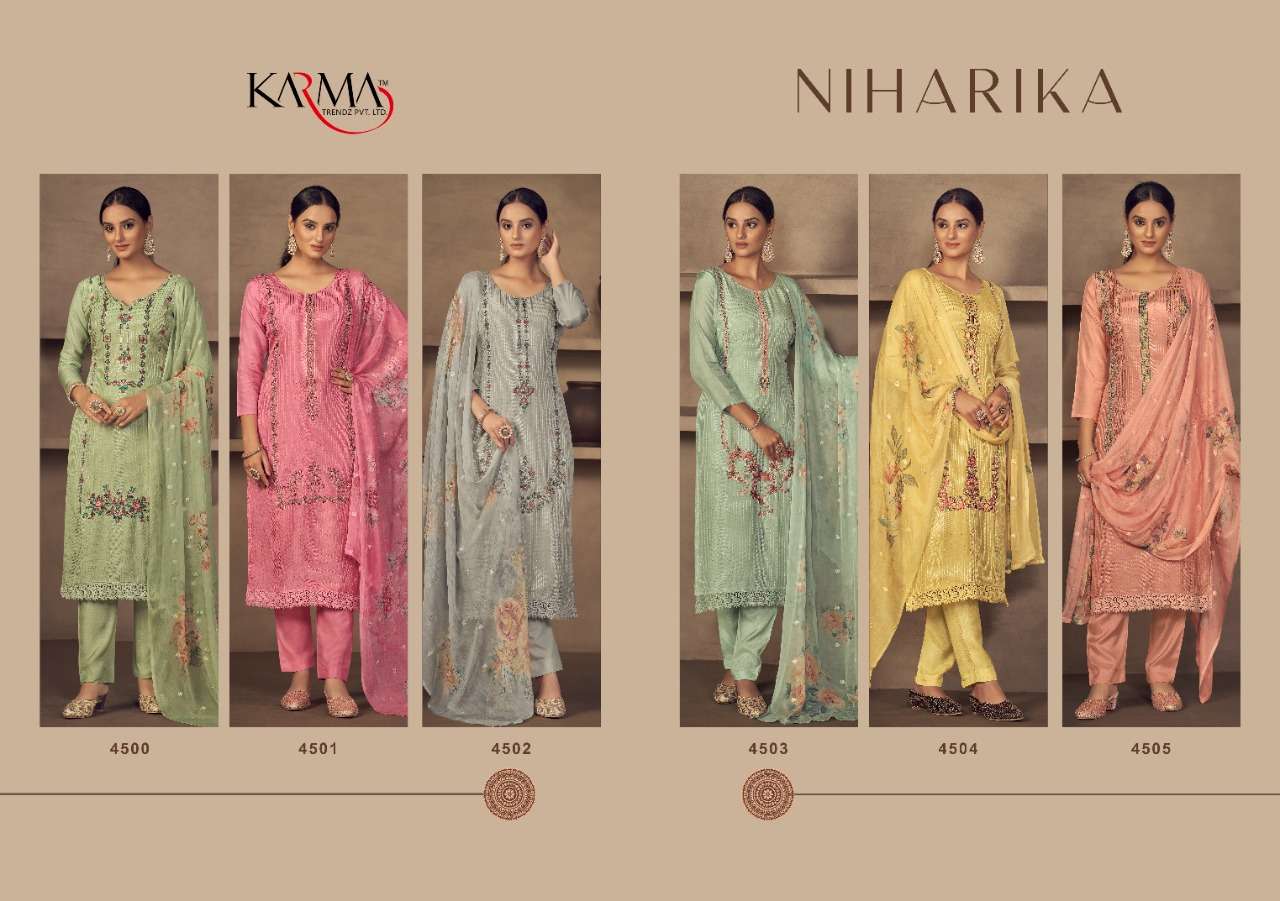 NIHARIKA BY KARMA TRENDZ 4500 TO 4505 SERIES BEAUTIFUL SUITS STYLISH FANCY COLORFUL CASUAL WEAR & ETHNIC WEAR PURE MUSLIN DRESSES AT WHOLESALE PRICE