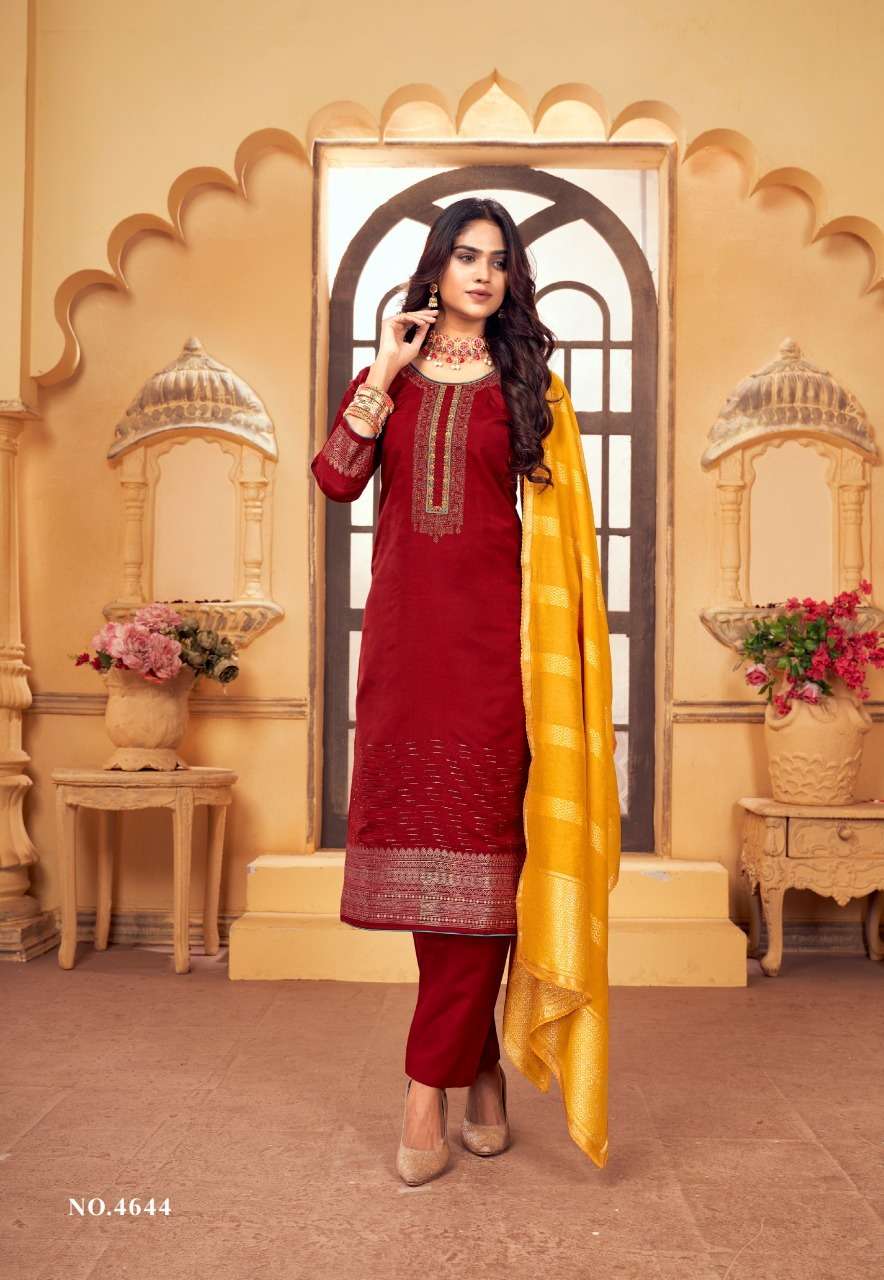 BHAKTI BY KALARANG 4641 TO 4644 SERIES BEAUTIFUL SUITS STYLISH FANCY COLORFUL CASUAL WEAR & ETHNIC WEAR MUSLIN JACQUARD DRESSES AT WHOLESALE PRICE