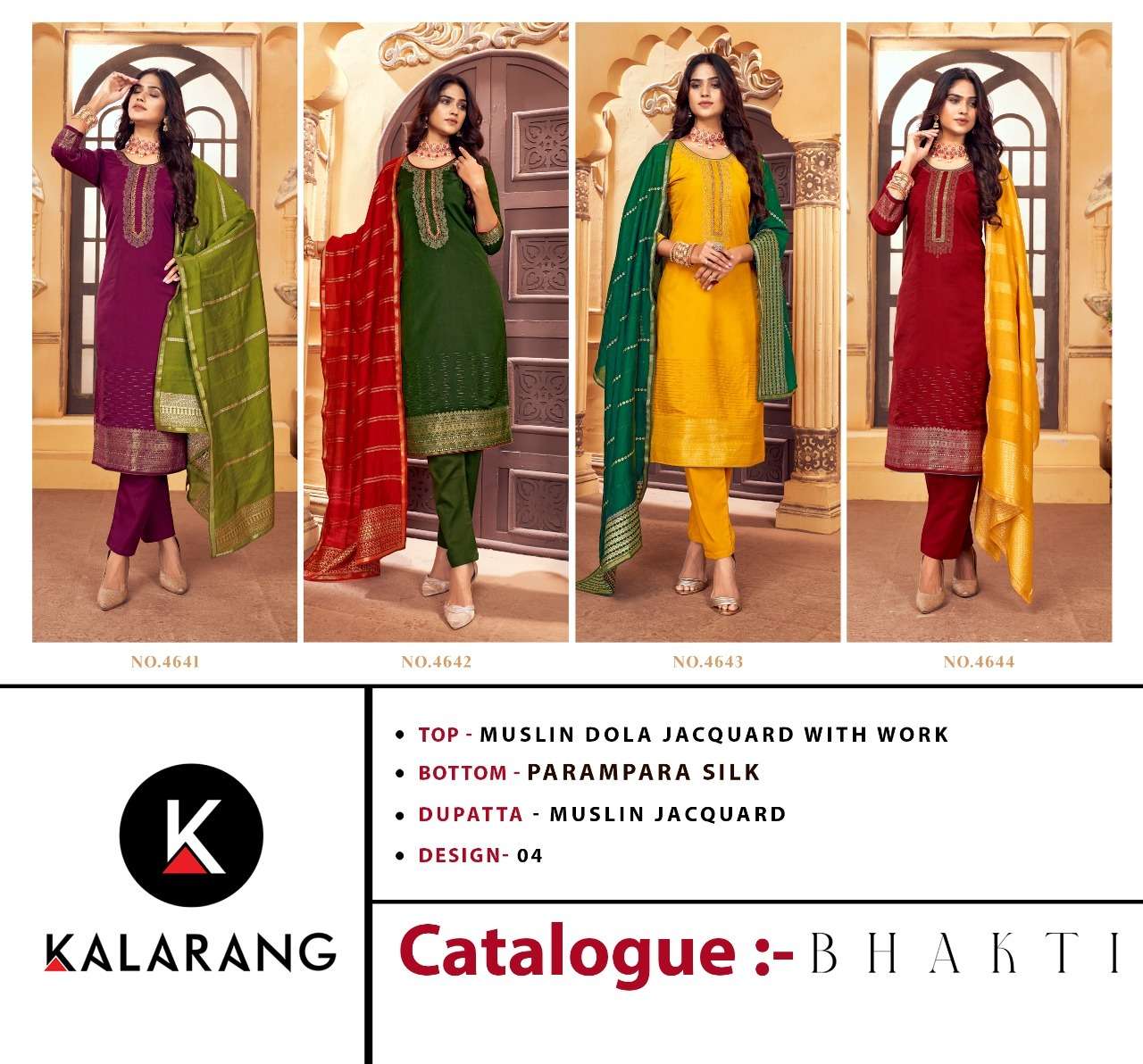 BHAKTI BY KALARANG 4641 TO 4644 SERIES BEAUTIFUL SUITS STYLISH FANCY COLORFUL CASUAL WEAR & ETHNIC WEAR MUSLIN JACQUARD DRESSES AT WHOLESALE PRICE