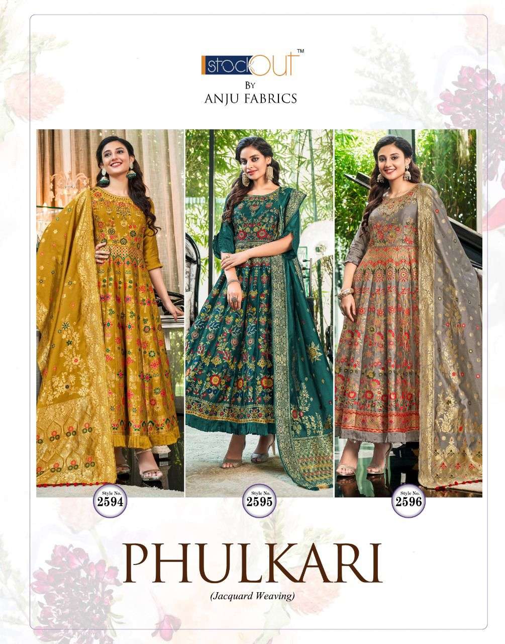 PHULKARI BY AF 2591 TO 2596 SERIES BEAUTIFUL STYLISH FANCY COLORFUL CASUAL WEAR & ETHNIC WEAR SILK JACQUARD GOWNS WITH DUPATTA AT WHOLESALE PRICE