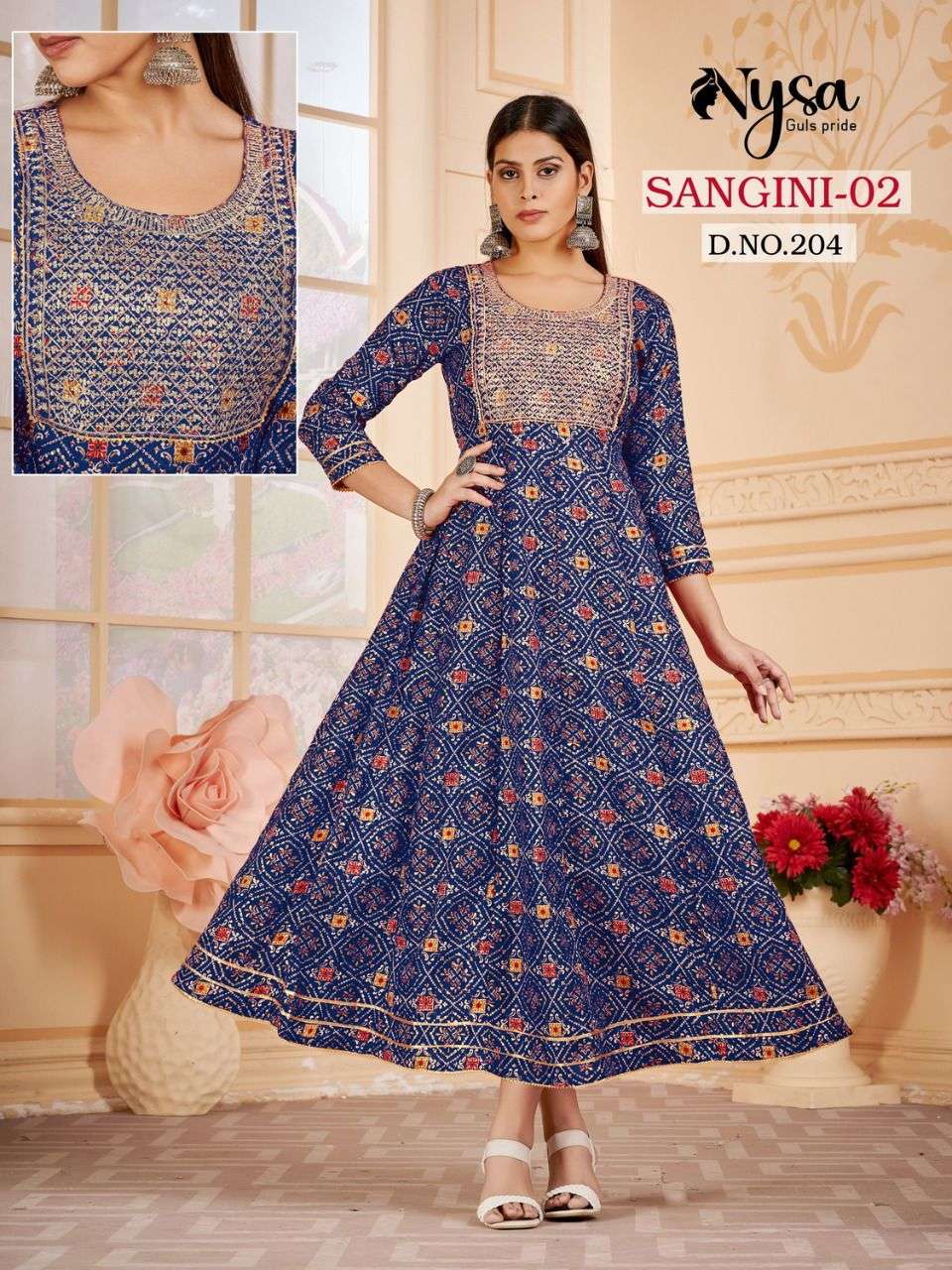 SANGINI VOL-2 BY NYSA 201 TO 204 SERIES BEAUTIFUL STYLISH FANCY COLORFUL CASUAL WEAR & ETHNIC WEAR & READY TO WEAR CAPSULE BANDHEJ PRINT GOWNS AT WHOLESALE PRICE