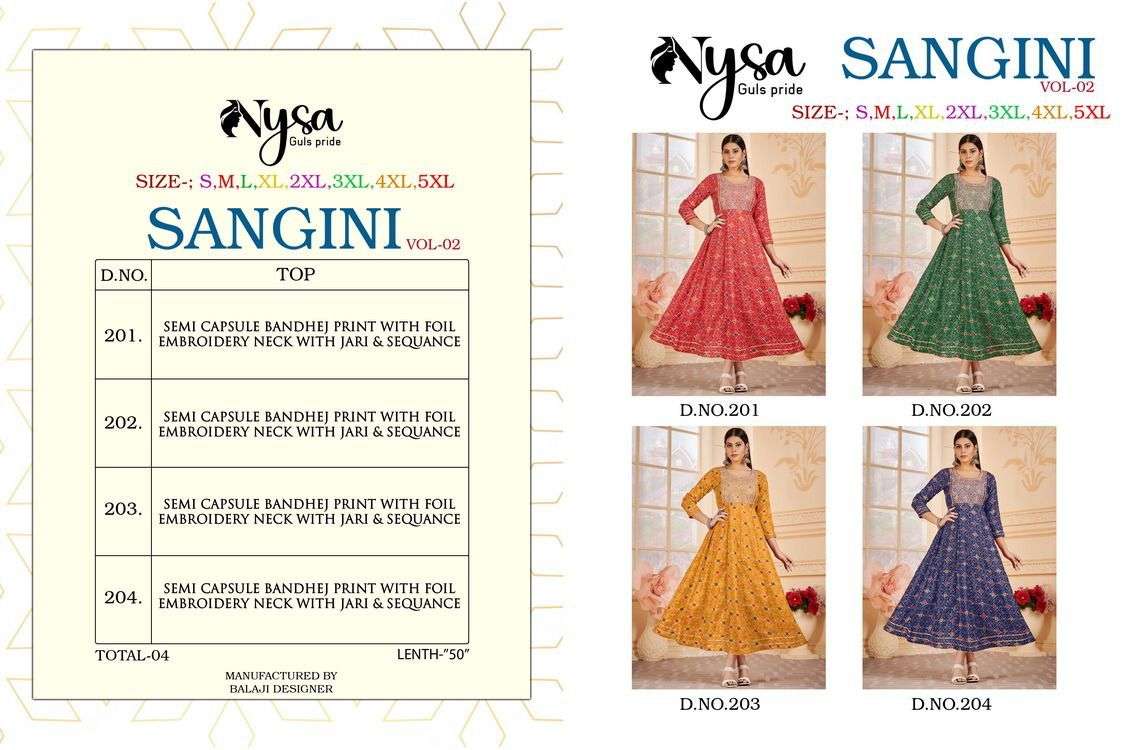 SANGINI VOL-2 BY NYSA 201 TO 204 SERIES BEAUTIFUL STYLISH FANCY COLORFUL CASUAL WEAR & ETHNIC WEAR & READY TO WEAR CAPSULE BANDHEJ PRINT GOWNS AT WHOLESALE PRICE