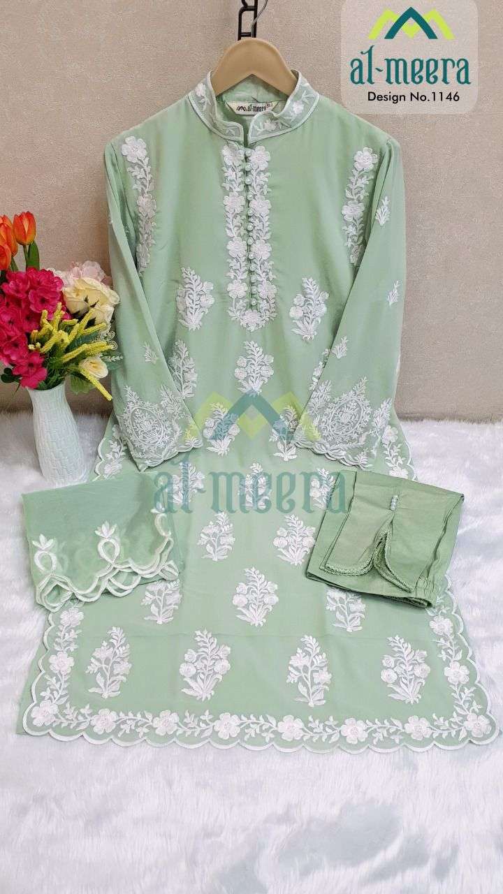 AL-MEERA HIT DESIGN 1146 COLOURS VOL-2 BY AL-MEERA 1146-D TO 1146-G SERIES BEAUTIFUL PAKISTANI SUITS COLORFUL STYLISH FANCY CASUAL WEAR & ETHNIC WEAR FAUX GEORGETTE EMBROIDERED DRESSES AT WHOLESALE PRICE