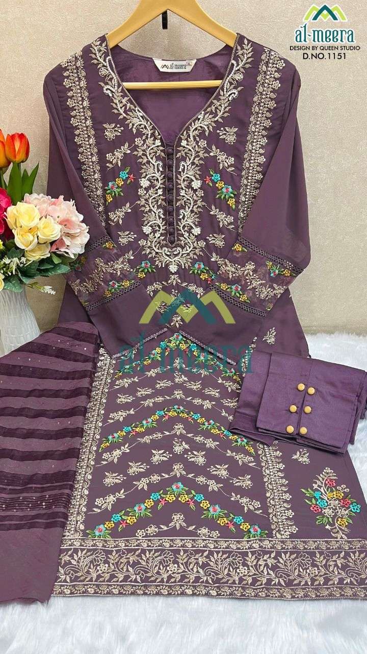 AL-MEERA HIT DESIGN 1151 COLOURS BY AL-MEERA 1151-A TO 1151-C SERIES BEAUTIFUL PAKISTANI SUITS COLORFUL STYLISH FANCY CASUAL WEAR & ETHNIC WEAR FAUX GEORGETTE EMBROIDERED DRESSES AT WHOLESALE PRICE