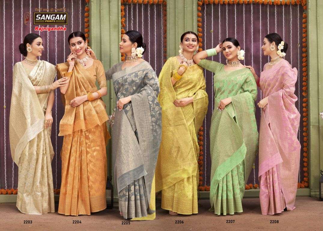 RAJNIGANDHA BY SANGAM PRINTS 2203 TO 2208 SERIES INDIAN TRADITIONAL WEAR COLLECTION BEAUTIFUL STYLISH FANCY COLORFUL PARTY WEAR & OCCASIONAL WEAR LINEN SAREES AT WHOLESALE PRICE