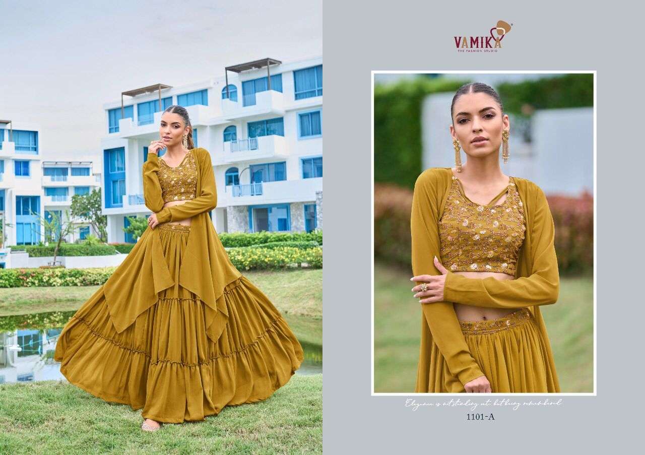 ATTRACTION BY VAMIKA 1101-A TO 1101-D SERIES DESIGNER BEAUTIFUL NAVRATRI COLLECTION OCCASIONAL WEAR & PARTY WEAR FAUX GEORGETTE LEHENGAS AT WHOLESALE PRICE