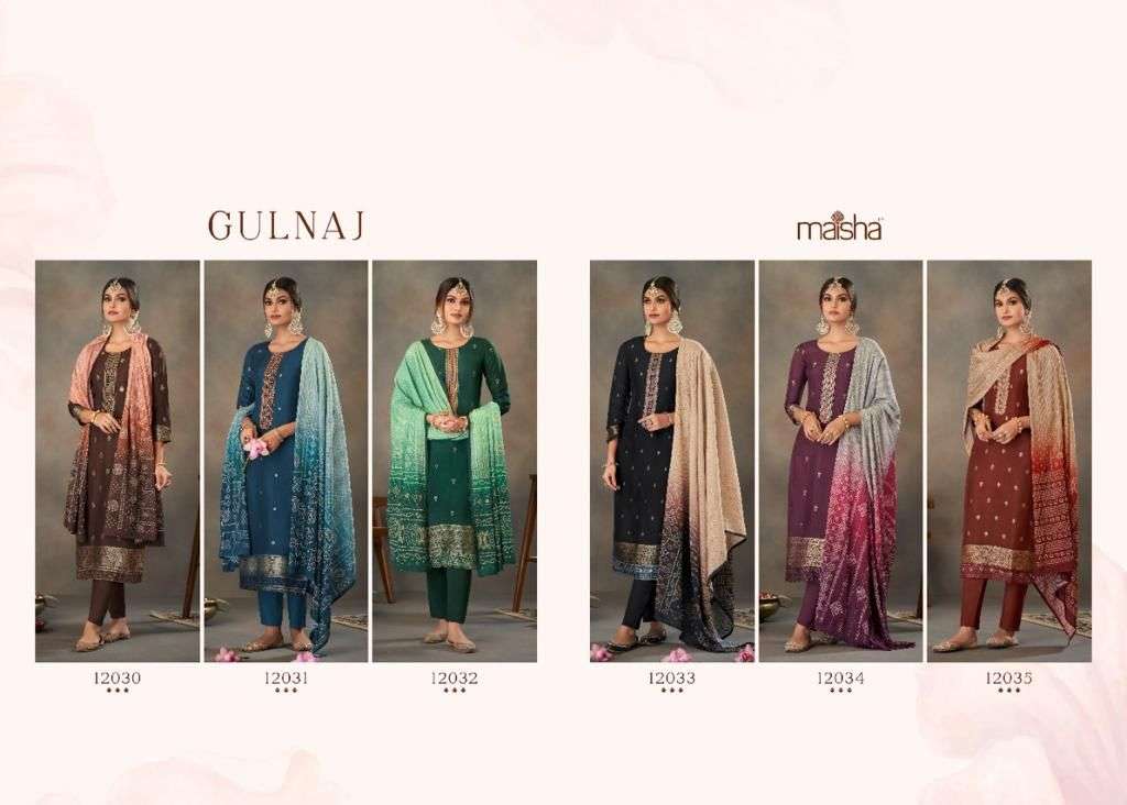 GULNAZ BY MAISHA 12030 TO 12035 SERIES BEAUTIFUL SUITS COLORFUL STYLISH FANCY CASUAL WEAR & ETHNIC WEAR VISCOSE JACQAURD DRESSES AT WHOLESALE PRICE