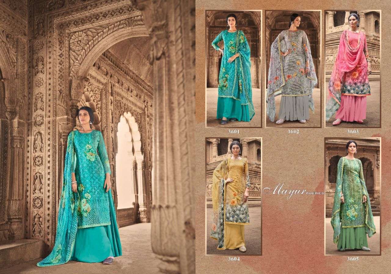 HANSA BY MAYUR FABRICS 3601 TO 3605 SERIES BEAUTIFUL SUITS COLORFUL STYLISH FANCY CASUAL WEAR & ETHNIC WEAR PASHMINA PRINT DRESSES AT WHOLESALE PRICE