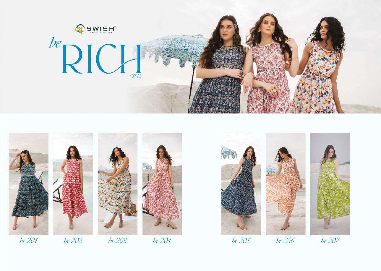 BE RICH VOL-2 BY SWISH 201 TO 208 SERIES BEAUTIFUL STYLISH FANCY COLORFUL CASUAL WEAR & ETHNIC WEAR VISCOSE PRINT KURTIS AT WHOLESALE PRICE