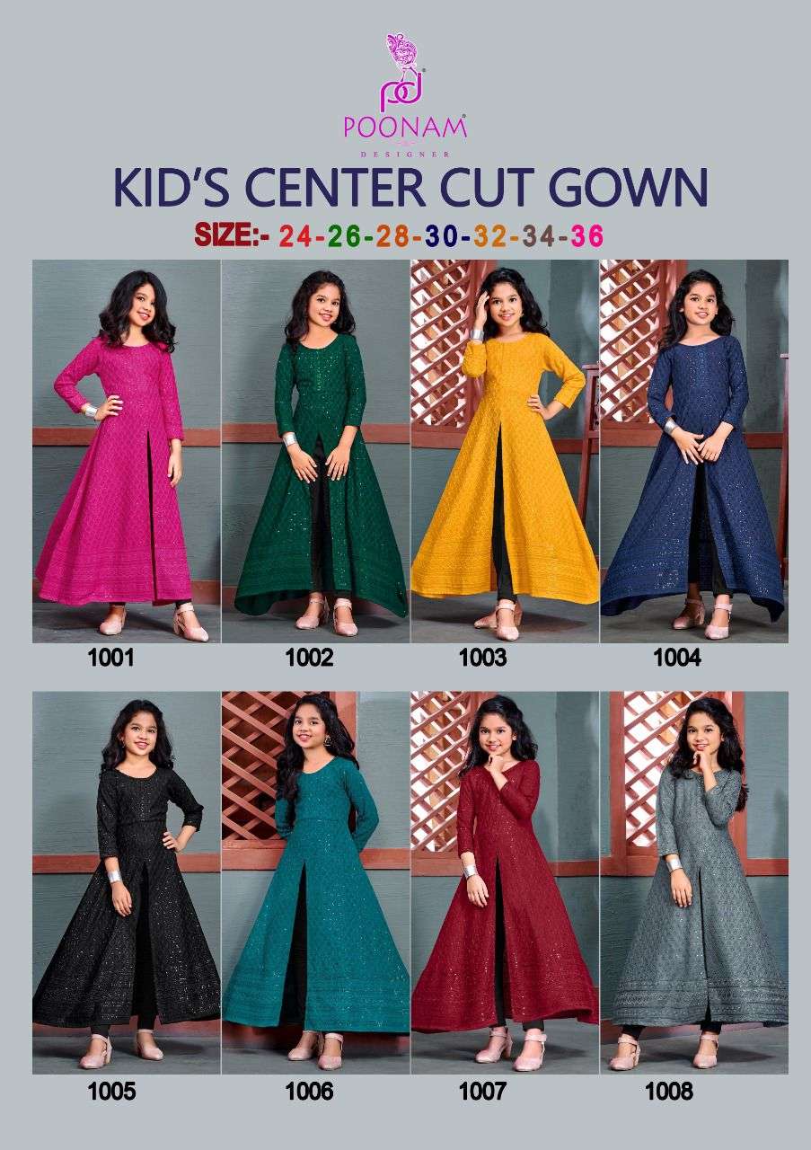 KIDS CENTER CUT GOWN BY POONAM DESIGNER 1001 TO 1008 SERIES DESIGNER STYLISH FANCY COLORFUL BEAUTIFUL PARTY WEAR & ETHNIC WEAR COLLECTION PURE CHIKAN GOWN AT WHOLESALE PRICE