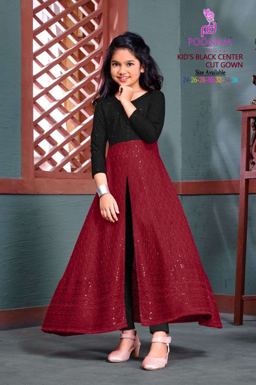 KIDS BLACK CENTER CUT GOWN BY POONAM DESIGNER 1001 TO 1008 SERIES DESIGNER STYLISH FANCY COLORFUL BEAUTIFUL PARTY WEAR & ETHNIC WEAR COLLECTION PURE RAYON GOWN AT WHOLESALE PRICE