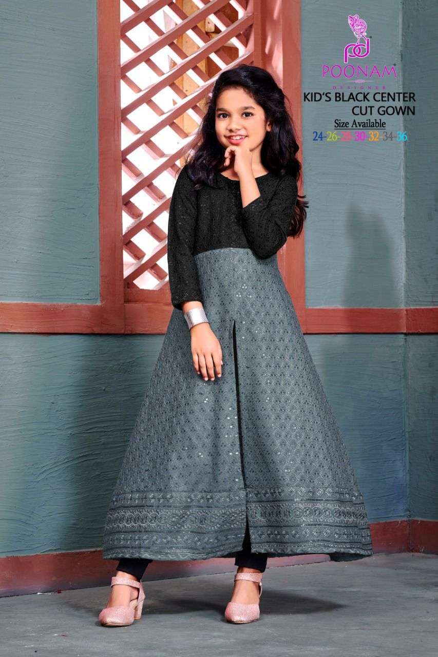 KIDS BLACK CENTER CUT GOWN BY POONAM DESIGNER 1001 TO 1008 SERIES DESIGNER STYLISH FANCY COLORFUL BEAUTIFUL PARTY WEAR & ETHNIC WEAR COLLECTION PURE RAYON GOWN AT WHOLESALE PRICE