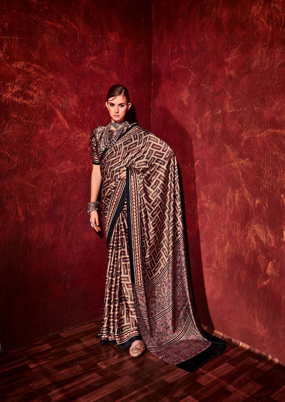 Ajrakh Satin By Sr 101 To 110 Series Indian Traditional Wear Collection Beautiful Stylish Fancy Colorful Party Wear & Occasional Wear Satin Sarees At Wholesale Price