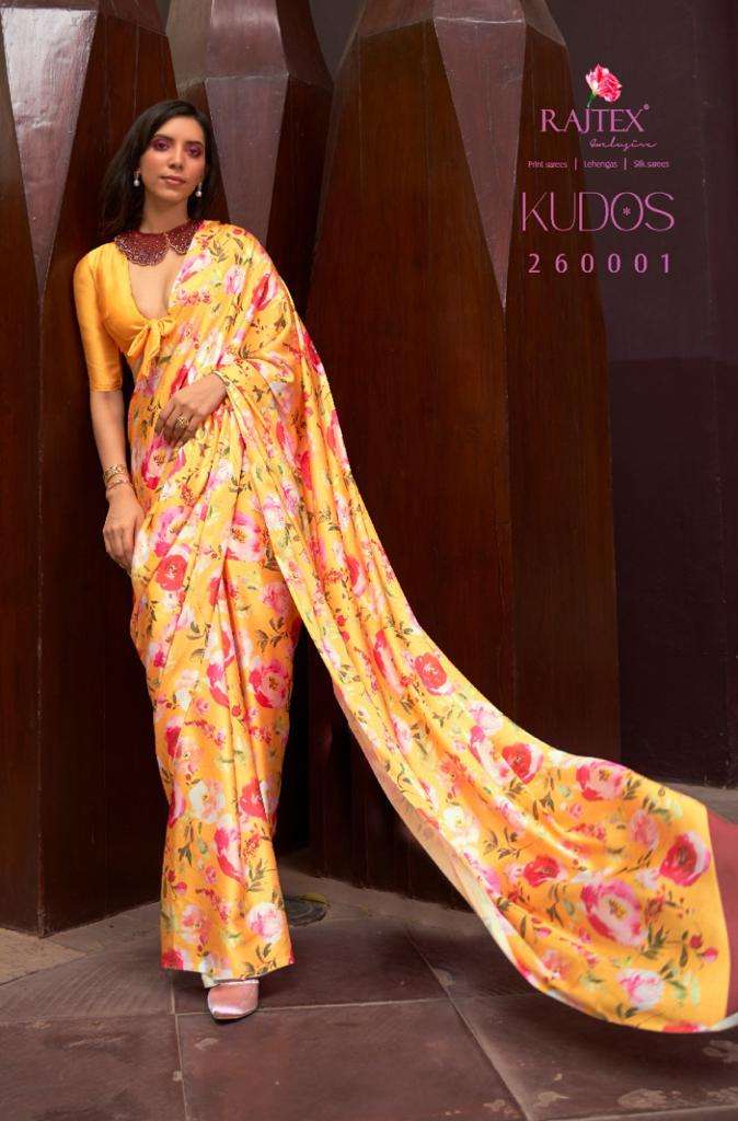 Kudos By Raj Tex 260001 To 260009 Series Indian Traditional Wear Collection Beautiful Stylish Fancy Colorful Party Wear & Occasional Wear Satin Crepe Sarees At Wholesale Price