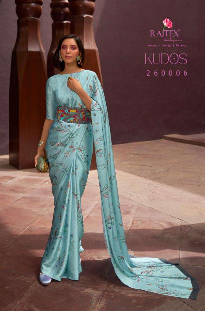 Kudos By Raj Tex 260001 To 260009 Series Indian Traditional Wear Collection Beautiful Stylish Fancy Colorful Party Wear & Occasional Wear Satin Crepe Sarees At Wholesale Price
