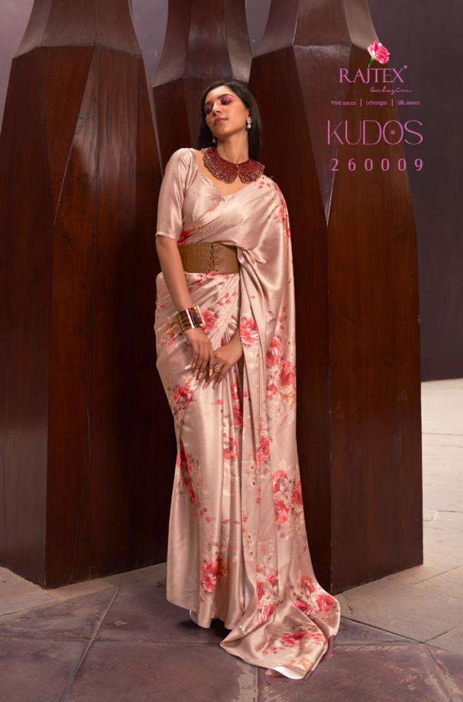 Kudos By Raj Tex 260001 To 260009 Series Indian Traditional Wear Collection Beautiful Stylish Fancy Colorful Party Wear & Occasional Wear Satin Crepe Sarees At Wholesale Price