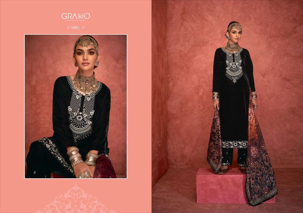 VELVET VOL-5 BY GRAMO 1001 TO 1004 SERIES BEAUTIFUL SUITS COLORFUL STYLISH FANCY CASUAL WEAR & ETHNIC WEAR VELVET DRESSES AT WHOLESALE PRICE