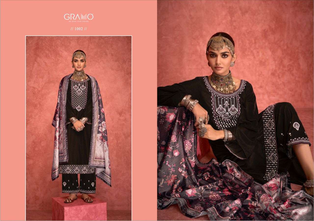 VELVET VOL-5 BY GRAMO 1001 TO 1004 SERIES BEAUTIFUL SUITS COLORFUL STYLISH FANCY CASUAL WEAR & ETHNIC WEAR VELVET DRESSES AT WHOLESALE PRICE