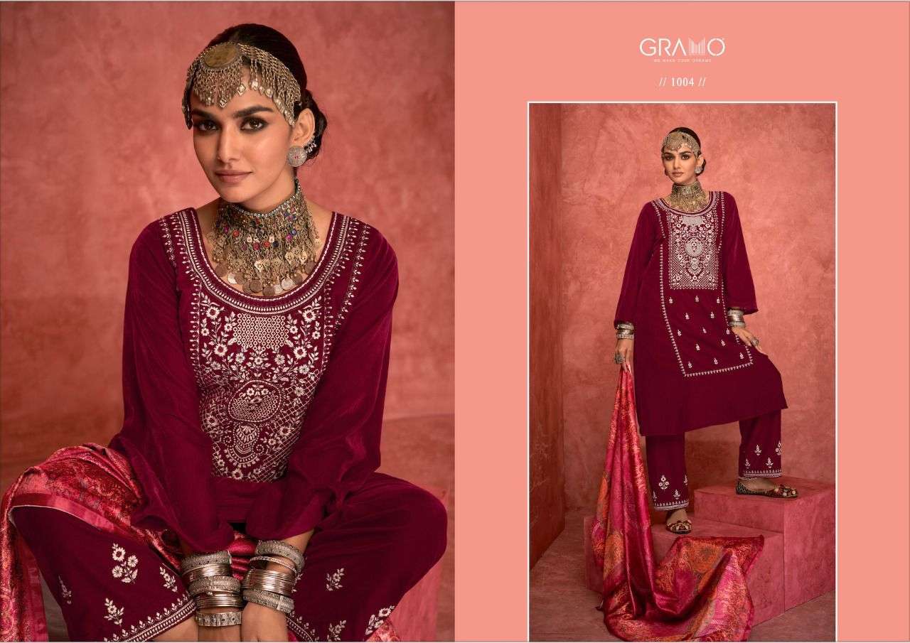 VELVET VOL-5 BY GRAMO 1001 TO 1004 SERIES BEAUTIFUL SUITS COLORFUL STYLISH FANCY CASUAL WEAR & ETHNIC WEAR VELVET DRESSES AT WHOLESALE PRICE