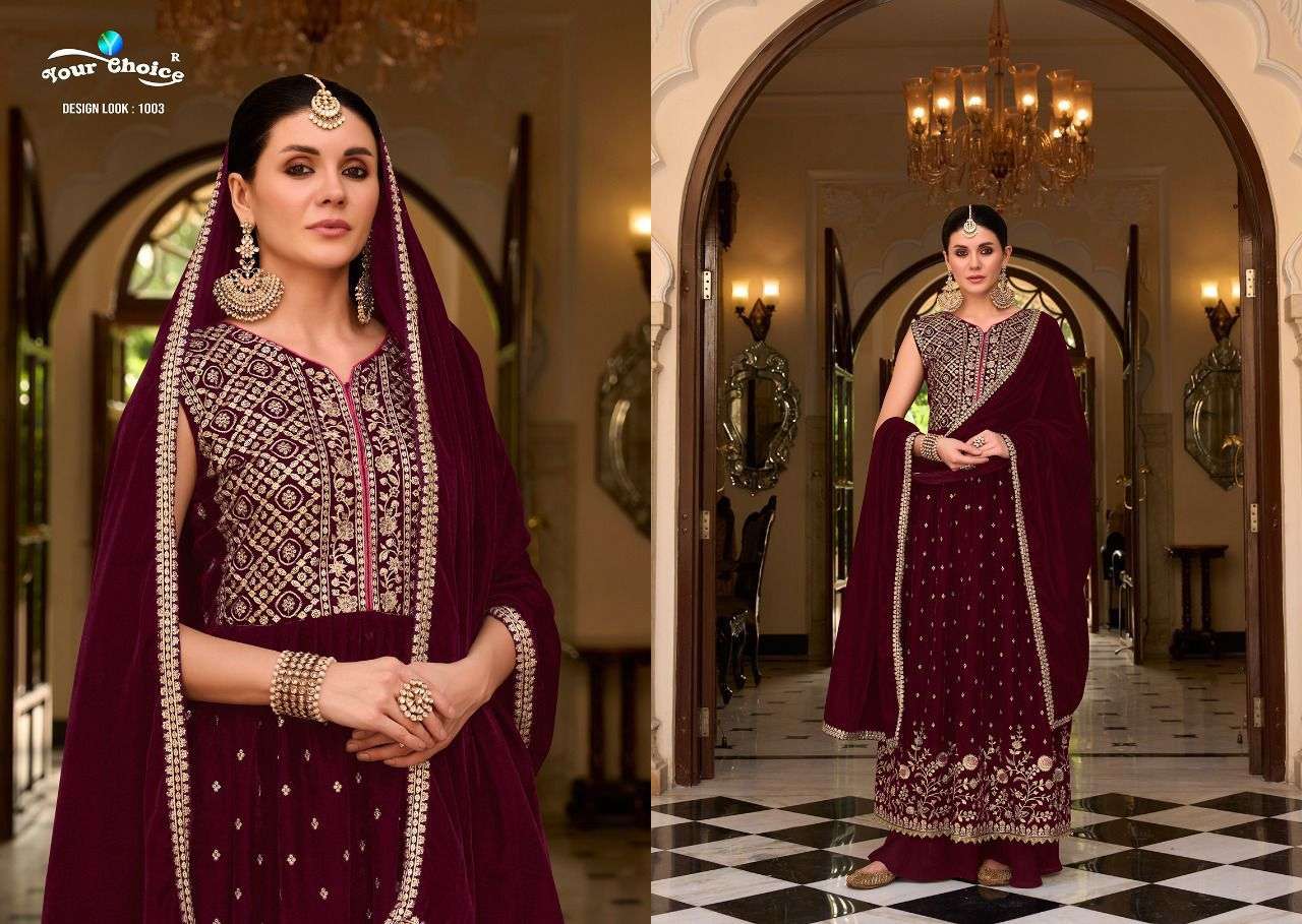 Velvet Nyraa By Your Choice 1001 To 1004 Series Beautiful Sharara Suits Colorful Stylish Fancy Casual Wear & Ethnic Wear Velvet Dresses At Wholesale Price