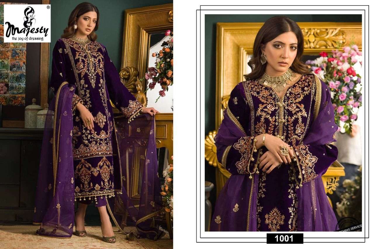 ANAYA VELVET BY MAJESTY 1001 TO 1006 SERIES PAKISTANI SUITS BEAUTIFUL FANCY COLORFUL STYLISH PARTY WEAR & OCCASIONAL WEAR VELVET EMBROIDERED DRESSES AT WHOLESALE PRICE