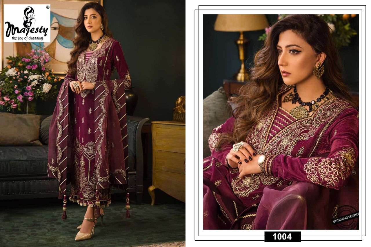 ANAYA VELVET BY MAJESTY 1001 TO 1006 SERIES PAKISTANI SUITS BEAUTIFUL FANCY COLORFUL STYLISH PARTY WEAR & OCCASIONAL WEAR VELVET EMBROIDERED DRESSES AT WHOLESALE PRICE
